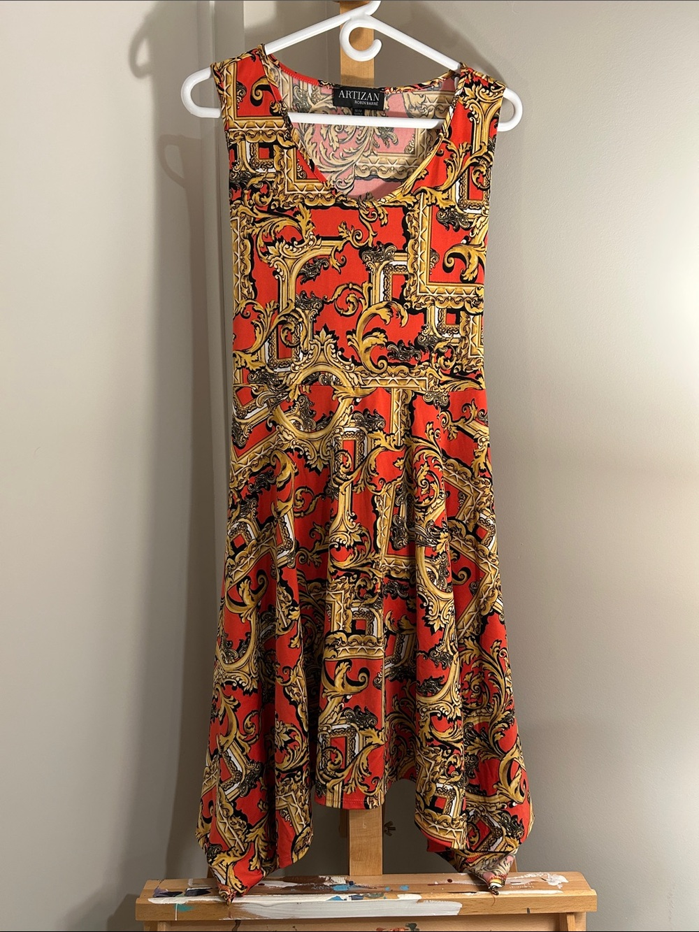 Artizan Robin Barre Red and Gold Baroque Print Sleeveless Dress